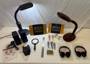 Lot of Office Supplies Desk Lights, Bose Speakers, Clocks, Hole Punch, Magnifying Glass, McDs Pens, Cards