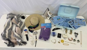 Large Lot of Ladies Accessories  Jewelry, Scarf, Hats, Bag, Glass Figurines, Watches, Rowenta Steam Iron, Jewelry Caddy