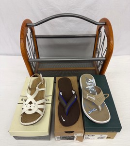 Lot of Brand New Ladies Clarks, Nike & Studio Works SandalsFlip-Flops (Sizes - 8, 8.5 & 9) & Magazine Rack