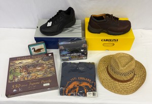 Large Lot of Mens Items Brand-New Reebok & Carolina Shoes (Size 12), Yeti T-Shirt (M), Hat, Jigsaw Puzzle, Playing Cards, Sunglasses, Wall Art