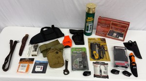 Lot of Hunting Supplies & Outdoor Gear Gun Cleaning Kits, Deer Call, Knives, Holsters, US Army Canteen