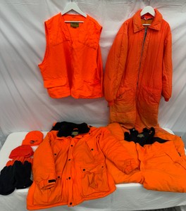 Lot of Hunting Blaze Orange ClothingGear Cabelas Bibs (2XL), Cabelas Jacket (2XL), Whitewater Vest (2XL), Onsie (LXL), Hats & Gloves