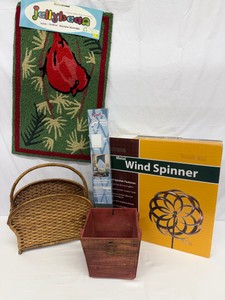 Lot of Outdoor Items & Home Goods Metal Wind Spinner, IndoorOutdoor Rug, Blue Mini-Blinds, Magazine Holder, Wooden Box