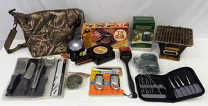 Lot of CampingGrilling Items Hibachi Charcoal Grill, Pet Repeller, Grilling Utensils, Softside Cooler Bag, LampLights