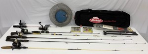 Large Lot of Fishing Items Ice Fishing Rod Combos, Spinning Reels, Spincast Reels, Carrying Cases, Tip-Up, Fish Basket, Lures & More