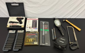 Large Lot of Garage Items Craftsman Tools - Torque Wrench, Socket Set, Wheel Balancer, Hanging Flood Light, Surge Protector, Solder Gun, Hammer & Saw
