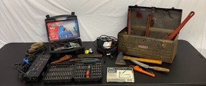 Lot of Garage Items Vintage Craftsman Tool Box, Pillars, Wrenches, Soldering Gun, Heat Cords, Bit Kit, Stapler