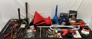 Large Lot of Automotive Tools & Supplies Tools, Oil Changing Supplies, Gas Siphon, Spark Plugs