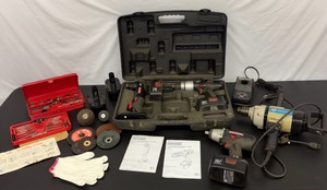 Lot of Hand & Power Tools Craftsman Right Angle Drill - Cordless Drill Driver - Cordless Impact - BatteriesCharger - Snap-On Tap & Die Set - Rockwell Reversible Drill