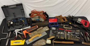 Lot of Carpenter Tools Craftsman Drill Bits, Milwaukee Sawzall, Bosch Hole Saw, Saws, Caulking Guns, Rockwell Belt Sander