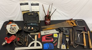 Lot of Carpenter Tools Black & Decker Rotary Tool, Black & Decker Circular Saw, Milwaukee Magnum Holeshooter, Saws, Hammers, Misc Tools