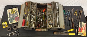 Lot of Vintage & Modern Hand Tools Old-Fashioned Cantilever Metal Expandable Toolbox Loaded with an Assortment of Tools