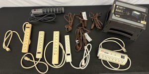 Lot of 6 Surge Protectors, 4 Extension Cords & Step Stool