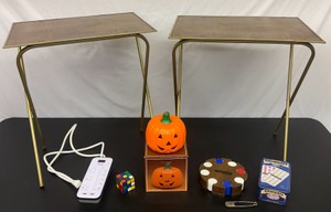 Lot of Miscellaneous Home Goods Vintage Collapsible TV Trays, Games, Surge Protector, Jack-O-Lantern