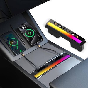 $30 Center Console USB Hub for Tesla Model Y Juniper 2025 2026 & Tesla Model 3 Highland 2024-2025, 108W Fast Charging, Retractable Type-C & Lightning Cables, Built-in RGB Ambient Light