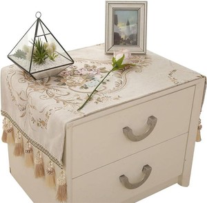 $25 Bedside Tablecloth European Style Bedside Tablecover Jacquard Bedside Table Dustcover Table Doilies for Dressers and End Tables (Beige,Tassel)