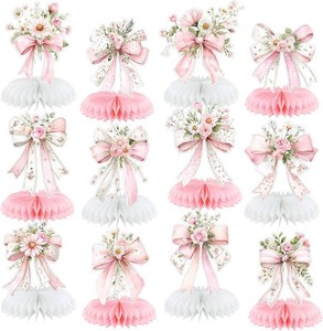 12 Pcs Pink Bow Party Honeycomb Centerpieces Decorations, Pink Bow Coquette Birthday Table Centerpiece Decorations for Bridal Engagement Bachelorette Wedding Bridal Party Decor