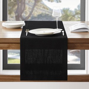 Linen Textured Border Table Runner, 14 x 90 Inch Black  Mitered Corner Design, Medium Weight Fabric, Modern Farmhouse Style, Machine Washable Easy Care Everyday Table Scarf