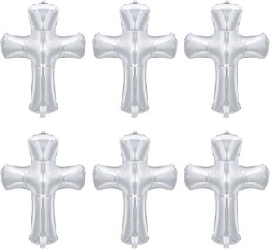 6 Pcs 34 Inch Cross Balloon Jumbo Baptism Large Memorial Balloons Communion Christening Religious Foil Party Balloon for Xmas Home Outdoor Decorations(Silver)