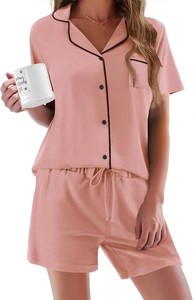 $24 Ekouaer Pajamas Set for Women Short Sleeve Sleepwear Button Down Pj Summer 2 Piece Lounge Set, Soft Fabric, Drawstring Waistband, for Bridesmaid Bride Party, Plus Size, Petite, Cute Pattern Size XS