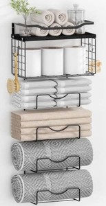 $24 Towel Racks for Bathroom,Towel Rack Wall Mounted, 6 Tier Rolled Or Folded Towel Holder with Floating Shelves, Bathroom Towel Holder for Bath, Hand Towels,Metal and Wood,Full Black