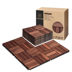 $37 THYOI 10 Pcs Deck Tiles, Patio Flooring - Outdoor Waterproof Acacia Wood Tiles for All Weather Use - Balcony, Backyard, Indoor & Outdoor (Brown, 10 Square Ft)