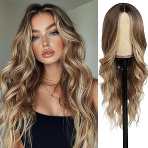 $27 Long Blonde Wig for Women Middle Part Ombre Blonde Wavy Wigs Natural Looking Synthetic Heat Resistant Fiber Wigs for Daily Party Use (26 Inch)