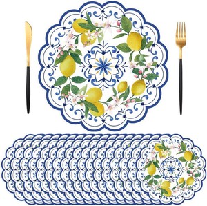 50PCS Lemon Paper Placemats Disposable Blue Chinoiserie Floral Placemat
