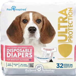 $23 Paw Inspired 32ct Disposable Dog Diapers  Female Dog Diapers Ultra Protection  Diapers for Dogs in Heat, Excitable Urination, or Incontinence (Medium)