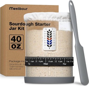 Premium Pro Sourdough Starter Jar Kit - 40oz Large Wide Mouth Sourdough Bread Jar with Marked Feeding Band, Thermometer, Scraper, Cloth Cover and Silicone LidBase, Glass Container, Baking Supplies