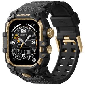$38 amBand Bands Case Compatible with Apple Watch Series 1110 46mm for Men, M3 Rugged Heavy Duty Cover Tactical Strap Military Grade Protective Bumper Protector for iWatch 46 mm Men Black Gold