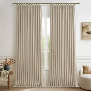 $80 Beige Pinch Pleated Blackout Linen Double Layer Bedroom Curtains 92 Inches Long 2 Panels Set, Memory Trained Soundproof Room Darkening Thermal Neutral Nursery Window Curtain with Hook 40W x 92L