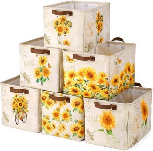 $34 Fourluoo 6 Pack Sunflower Storage Basket with Handles Sunflower Clothes Storage Basket Bin Foldable Box Bins Organizer for Closet Shelf Nursery Kid Room Book Toy Chest