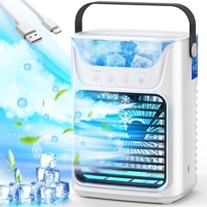 $27 Portable Air Conditioners, 3 Wind Speeds & 7 LED Lights Evaporative Personal Air Cooler, 4 in 1 Portable AC with 650 mL Large Water Tank, Mini Air Conditioner for BedroomCarHomeCampingRoom