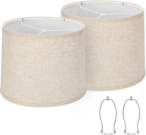 $30 Lampshades Set of 2, Drum Lampshades 11.6 Top x 12.6 Bottom x 9.8 High, Seaside village Medium Lampshades (Spider Fitter), Beige Lampshades Natural Linen Hand Crafted, Easy Assembly Required