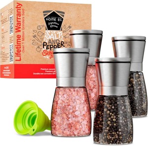 $28 Home EC Original Stainless Steel Sea Salt and Pepper Grinder Set of 4 - Adjustable Ceramic - Glass Salt and Pepper Shakers Mills - Modern Kitchen Spice Mill WFunnel & EBook