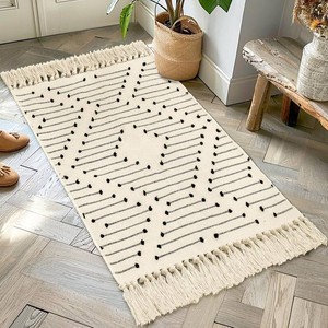 $22 Tritard Boho Kitchen Runner Rug 2x4.3 - Woven Cotton Hallway Rugs with Tassels Washable Aztec Carpet Farmhouse Bathroom Area Rug Front Porch Bath Mat for Entryway, Laundry, Doorway, Beige Cream