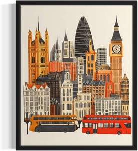 $25 London United Kingdom Black Framed Wall Art Poster Print, Vintage Retro Landscape Scenery Painting Artwork Travel Prints Decor Cityscape Landmarks Gallery 27 (14 L x 11 W, Black Frame)