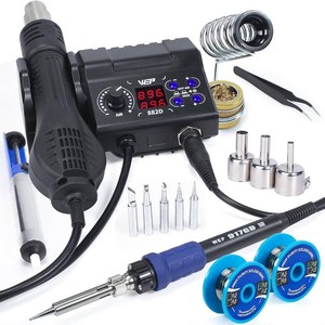 $60 WEP 882D Soldering Iron Station 2-IN-1 SMD Hot Air Rework Station with 2 Spools of Solder Wire, 5 Soldering Tips, 3 Hot Air Nozzles, Brass Wool Tip Cleaner, Tweezers, Desoldering pump