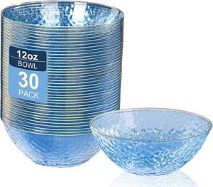 $24 I00000 30 Pack 12 Ounce Blue Plastic Bowls Hammered Clear Bowl with Gold Rimmed, Heavy Duty Disposable Bowl Set,Elegant Small Bowls for Party, Weddings, Catering