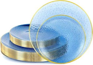 $26 Lullaby 60PCS Blue Disposable Plastic Plates with Gold Rim, Stone Inspired