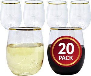 $20 Reli. 12oz. Disposable Wine Glasses Gold-Rim (20 Pack) Stemless