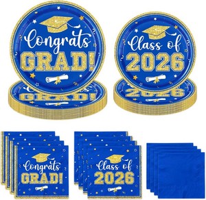 200Pcs Graduation Plates and Napkins - Congrats Grad Class of 2026 Themed Tableware Set Serves 50,Blue Gold Graduation Decorations 2026