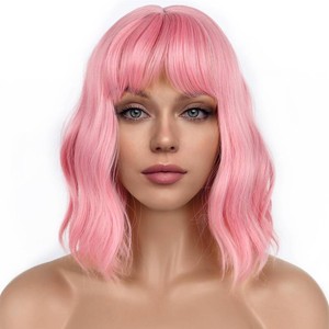 $26 Pastel Bob Wigs with Bangs for Women Loose Wavy Wig Pastel Wavy Shoulder Length Bob Synthetic Cosplay Wig for Girl Colorful Costume Wigs (Pink)
