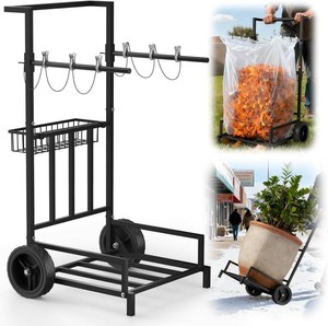 $54 2-in-1 Leaf Bag Holder Cart & Hand Truck Dolly, Heavy Duty Garden Trash Bag Stand with 7 All-Terrain Wheels, 200lbs Capacity, Anti-Loss Clips & Utility Basket for Yard Work, Moving, Camping