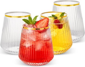$34 Goodluck 36 Pack 12oz Stemless Plastic Wine Glasses Clear Ribbed Gold Rim