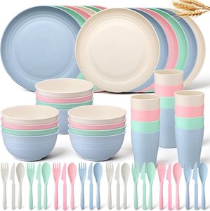 $42 Zhehao 72 Pcs Wheat Straw Dinnerware Sets for 12 Dishwasher Microwave Safe Unbreakable Reusable Kitchen Cups, Plates, Bowls Cultery Sets for Patio, Outdoors, Rv, Camping Dishes(Macaron)