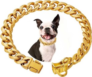 $21 Stainless Steel Silver Gold Dog Collars with Safety Buckle Lock,18K Cuban Link Chain Training Collar,15MM Strong Dog Necklace Heavy Duty Chew Proof for Small Medium Large Dog
