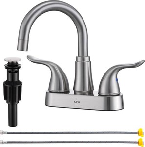 $23 KPW Bathroom Sink Faucet 2 or 3 Hole Brushed Nickel Centerset 4 Inch Bathroom Sink Faucet 2 Handle Over ABS Non-Metallic Lavatory Bathroom Faucet with Pop up Drain Water Supply Hoses MSRP $22.99