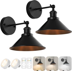 $39 Bailoch Black Vintage Wireless Battery Operated Wall Sconces, Industrial Cordless Battery Powered Led Wall Lights Set of 2, Wall Lamp Fixture Indoor with Remote Control for Bedroom Farmhouse Gallery